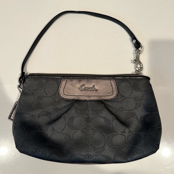 COACH Wristlet Signature C Print Charcoal Gray Metallic Canvas Leather Trim - Picture 1 of 8